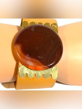 Brown Agate Round Stone Leather Cuff Bracelet